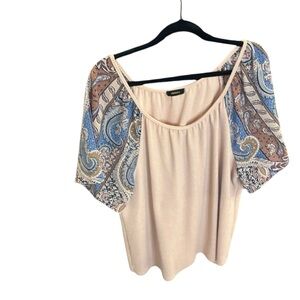 Espresso Cream Blouse with Blue and Brown Paisley Sleeves